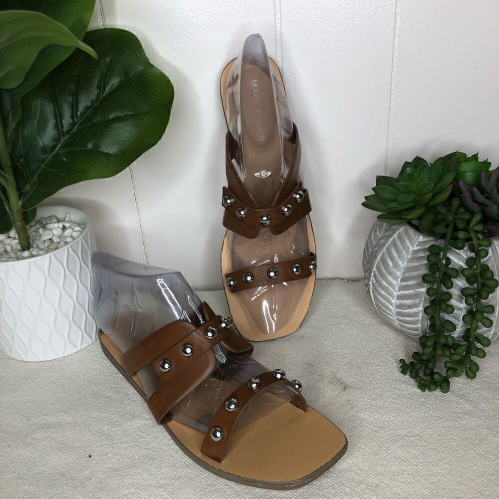 Marc Fisher Womens Burlina Studded Slip-On Flat Slide Sandals Brown Size 8